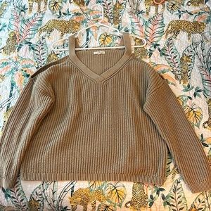 Tan sweater with open shoulder cut out